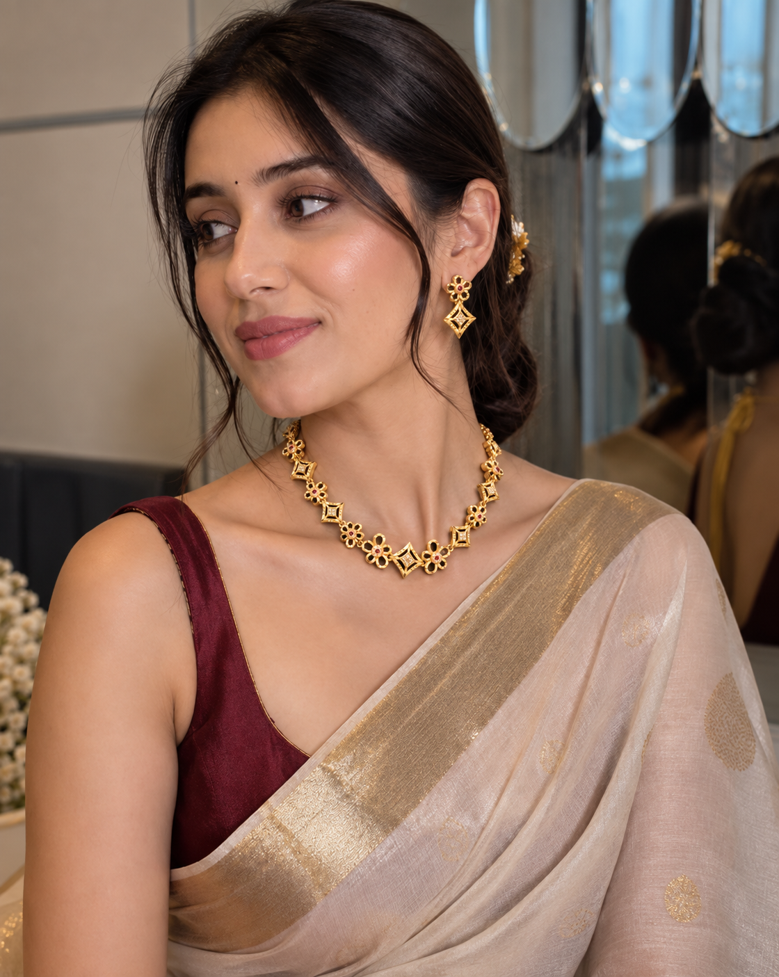 Gold Plated Floral Necklace & Earrings Set