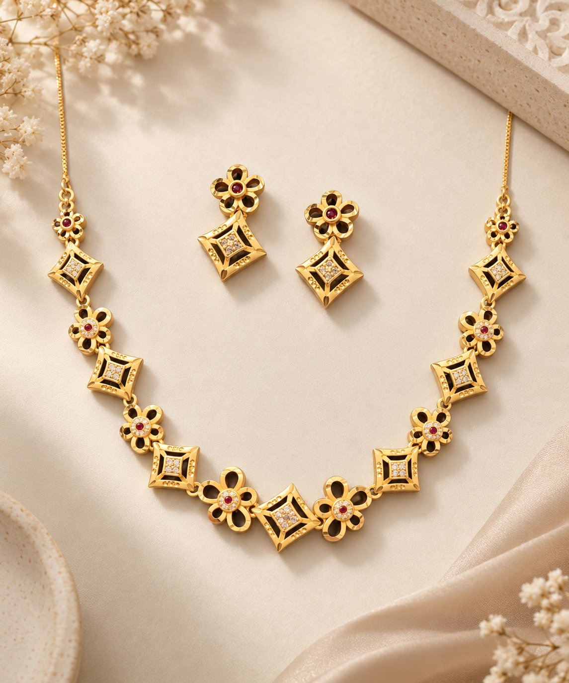 Gold Plated Floral Necklace & Earrings Set - Image 2