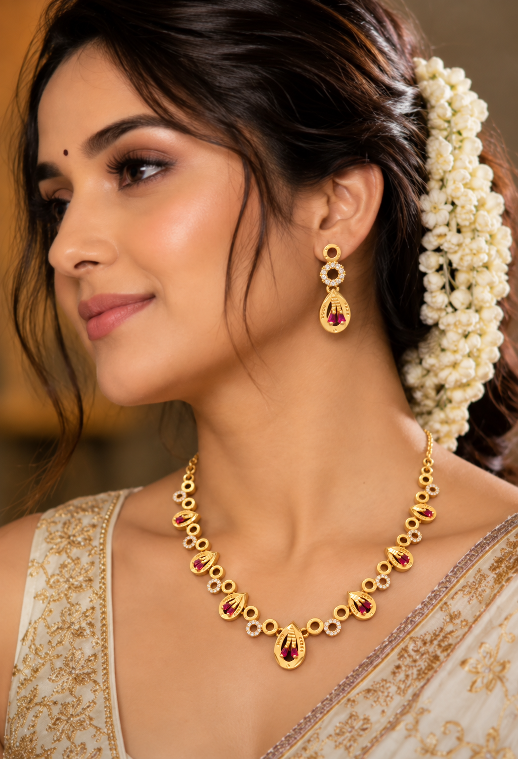 Gold-Plated Ruby & CZ Necklace Set