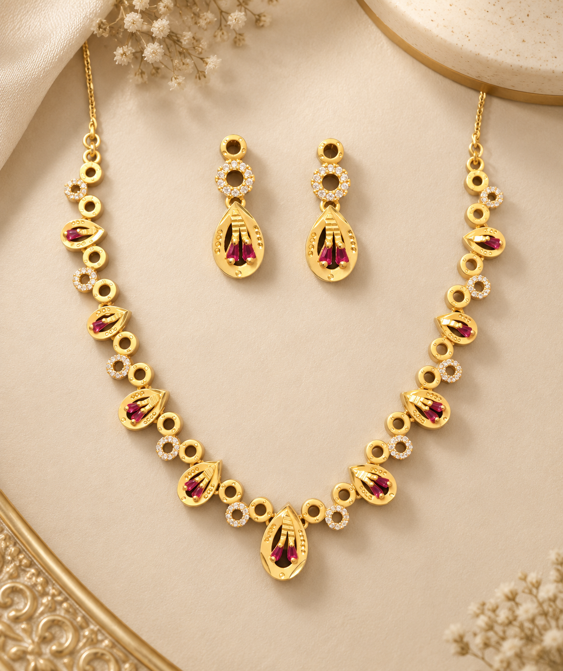 Gold-Plated Ruby & CZ Necklace Set